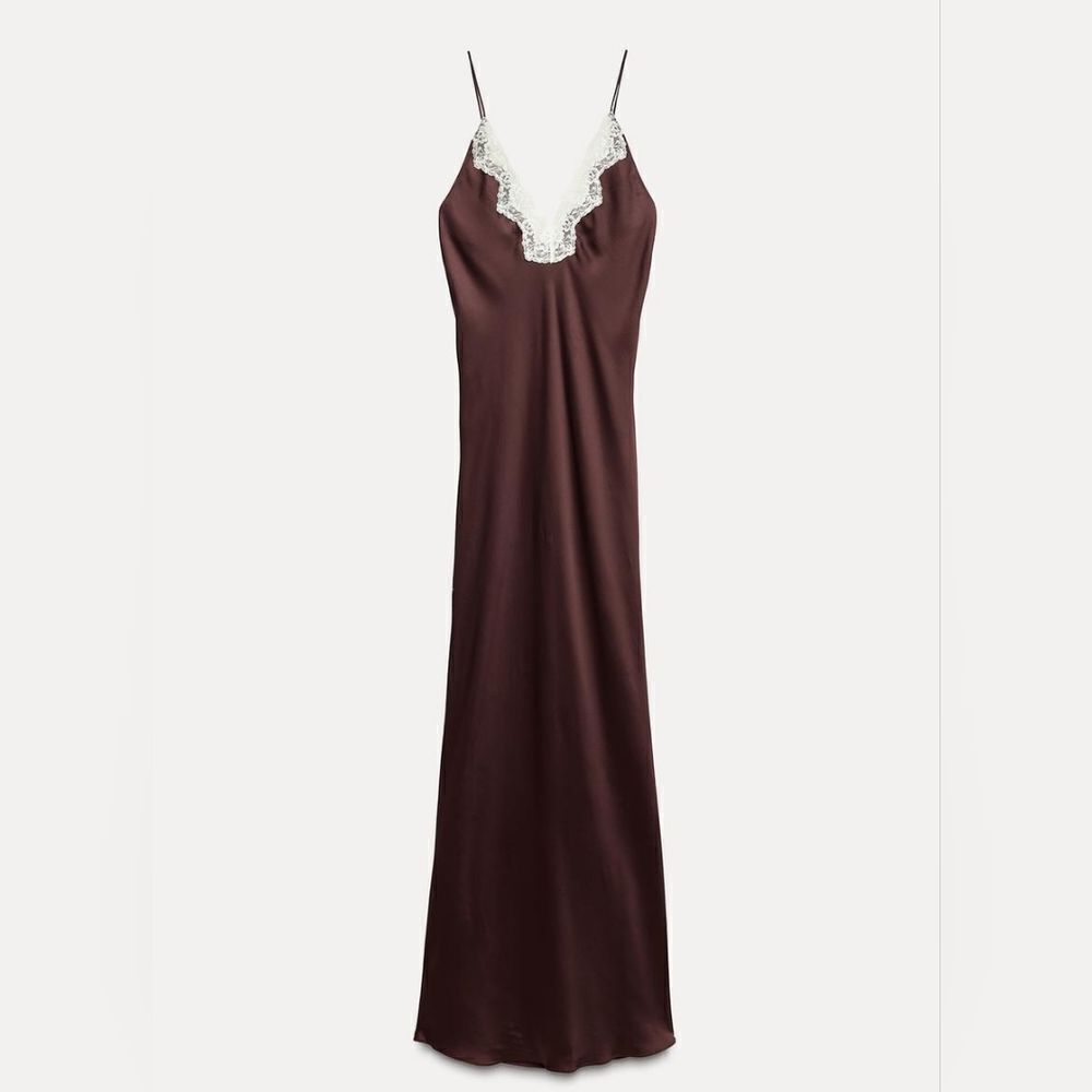 NWT ZARA LACE SLIP DRESS ZW COLLECTION satin silk maxi dress Lingerie Burgundy - Picture 15 of 16